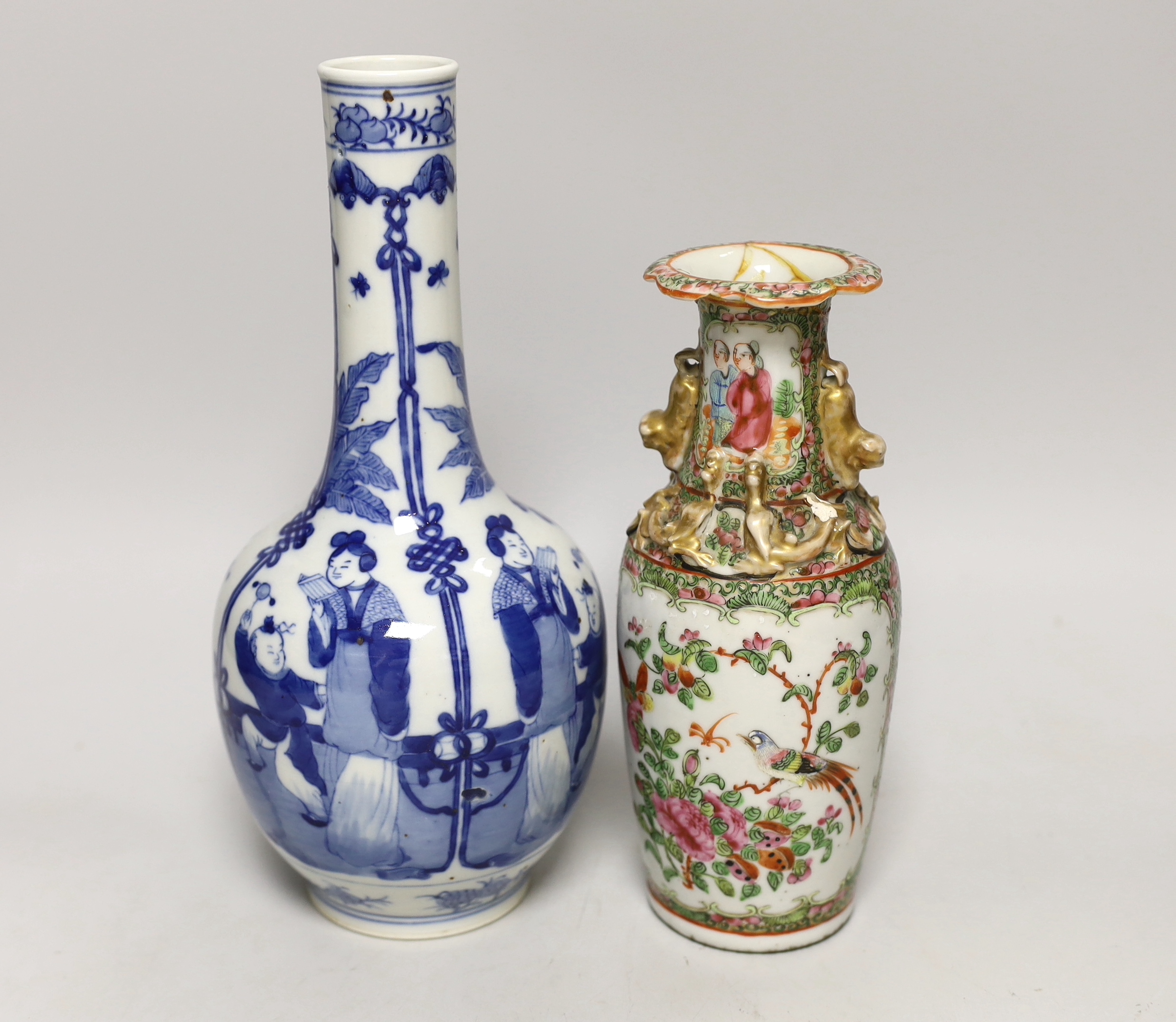 Two Chinese vases, famille rose and blue and white, tallest 26cm